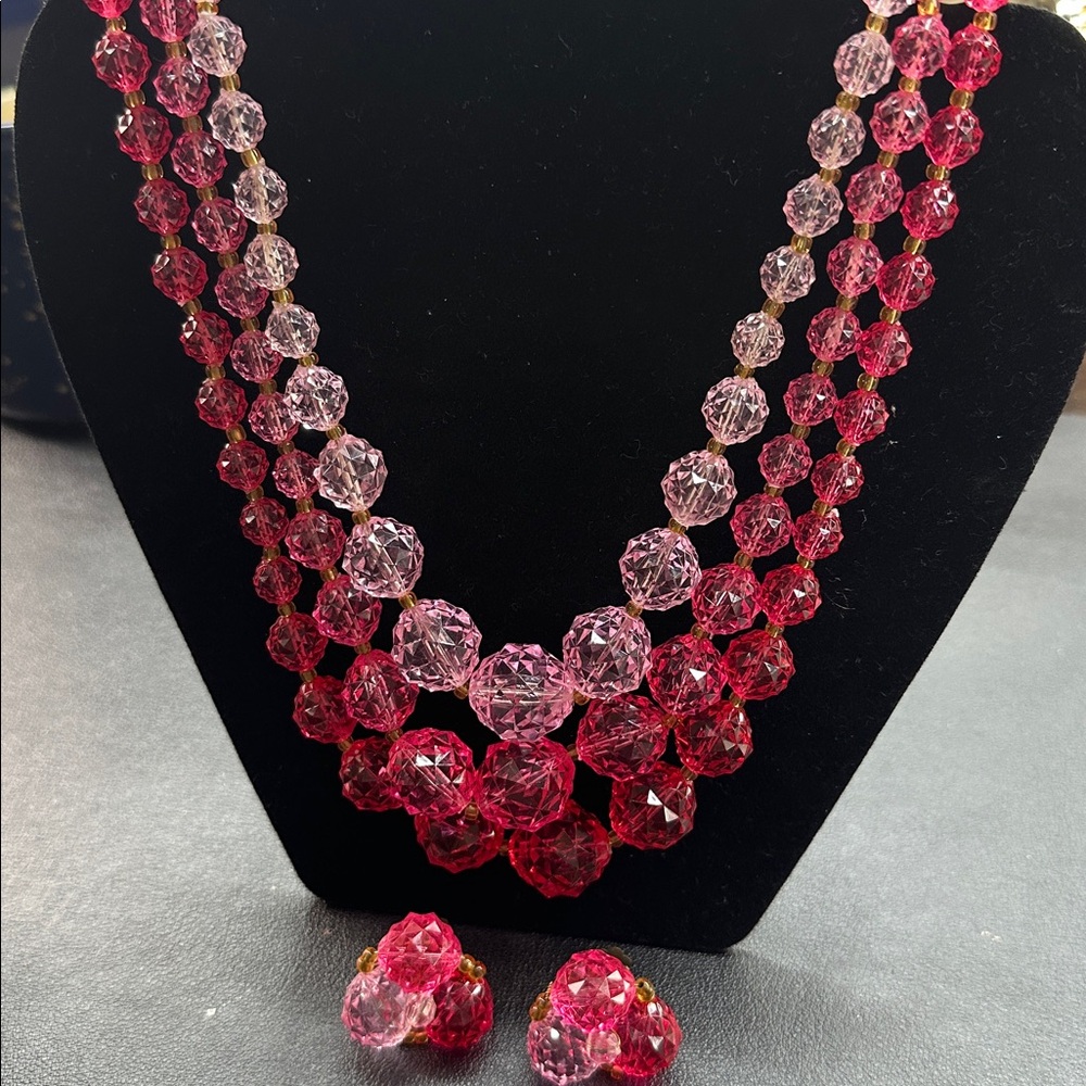 275- West Germany Pink Lucite/Acrylic Ombre triple Beaded Neck. & Clip Earrings